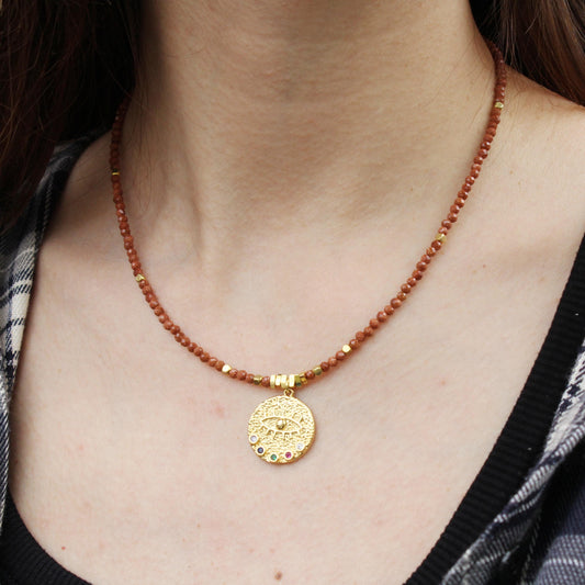 Goldstone Necklace with Evil Eye Pendant | Boho Healing Crystal Jewelry | Gold Beaded Choker | Handmade Protection Amulet for Her