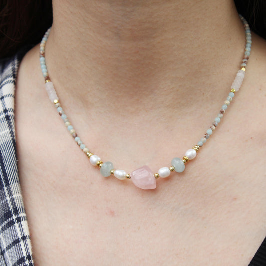 Shoushan Stone Necklace with Large Rose Quartz, White Jade & Freshwater Pearl | Healing Crystal Jewelry | Oriental Gemstone Gift