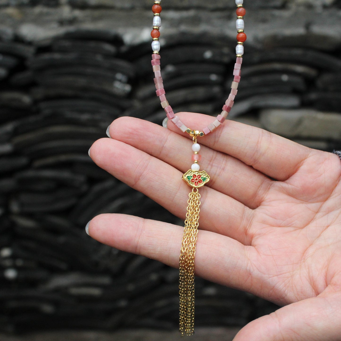 Red Jasper Necklace with Pearl & Carnelian | Handmade Boho Tassel Necklace | Vintage Floral Pendant | Healing Stone Jewelry for Women