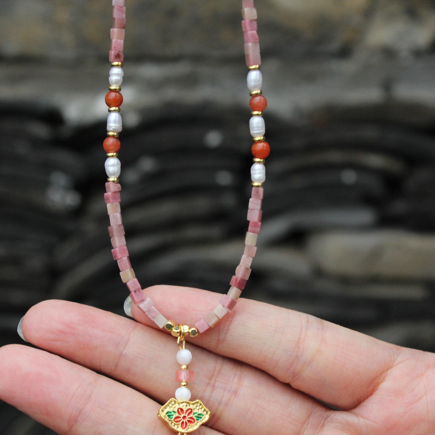 Red Jasper Necklace with Pearl & Carnelian | Handmade Boho Tassel Necklace | Vintage Floral Pendant | Healing Stone Jewelry for Women