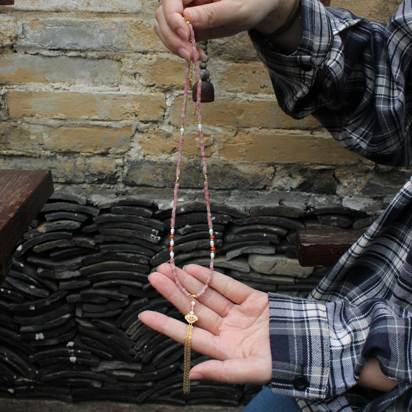 Red Jasper Necklace with Pearl & Carnelian | Handmade Boho Tassel Necklace | Vintage Floral Pendant | Healing Stone Jewelry for Women