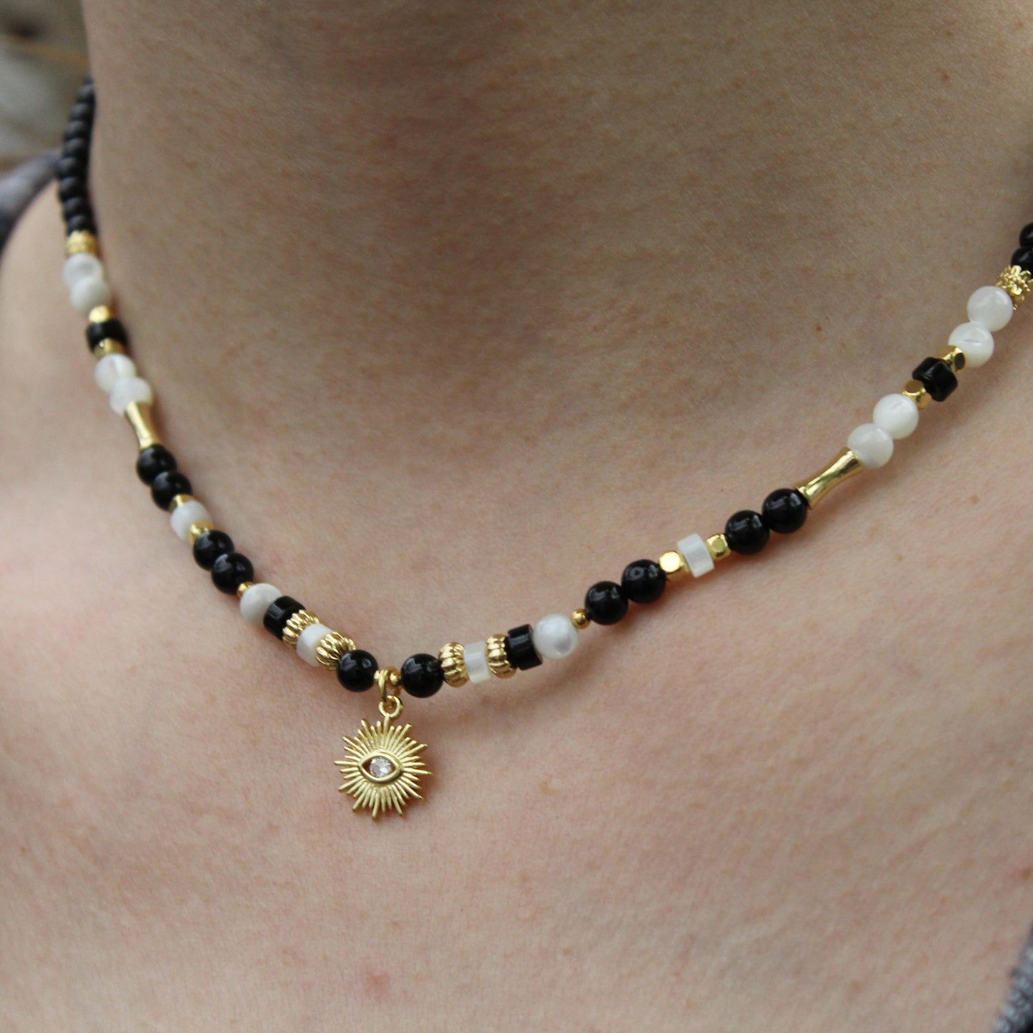 Black and White Gemstone Necklace | Sun Pendant Choker | Handmade Moonstone & Onyx Jewelry | Boho Gold Charm Necklace for Women