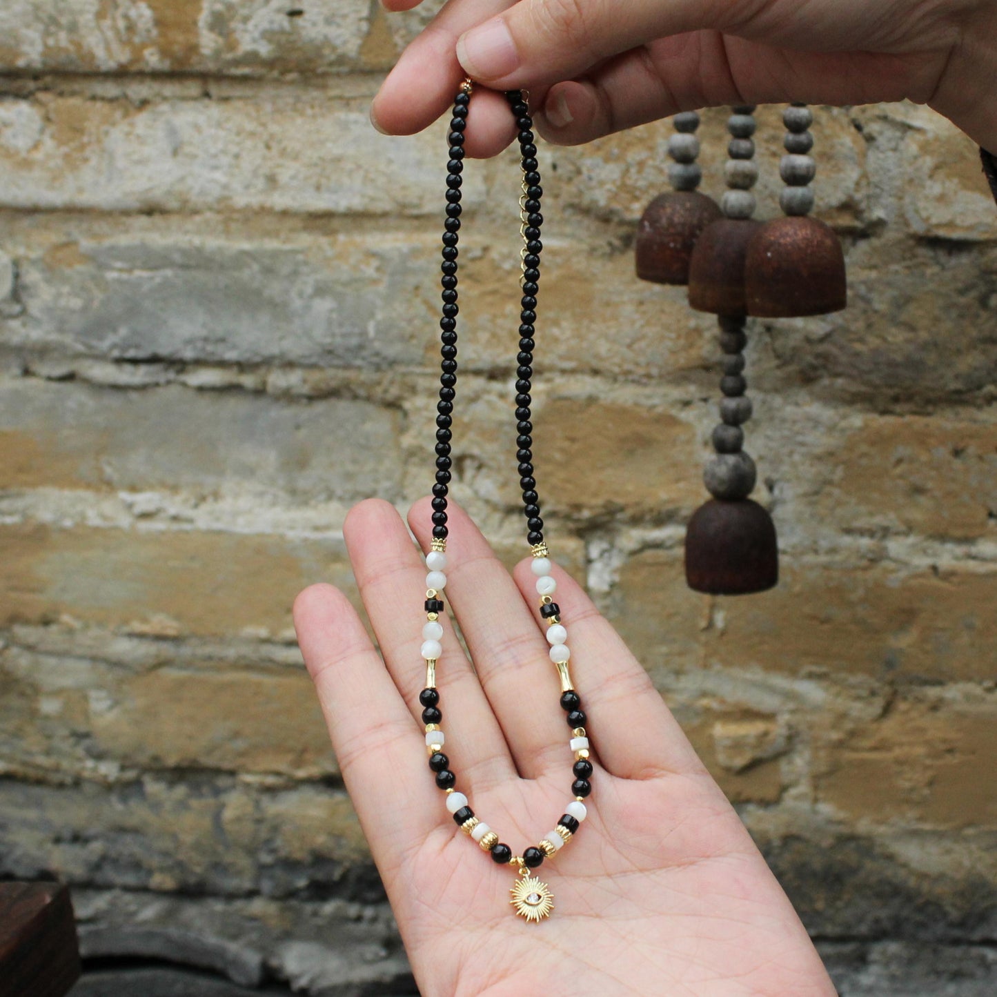 Black and White Gemstone Necklace | Sun Pendant Choker | Handmade Moonstone & Onyx Jewelry | Boho Gold Charm Necklace for Women
