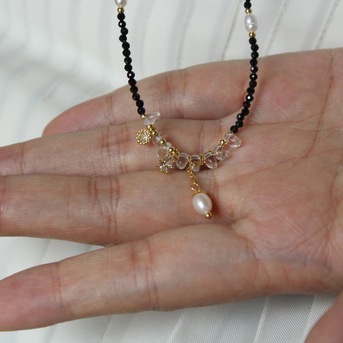 Black Beaded Necklace with Freshwater Pearl Pendant | Crystal and Gold Charm Choker | Handmade Dainty Necklace | Elegant Minimalist Jewelry